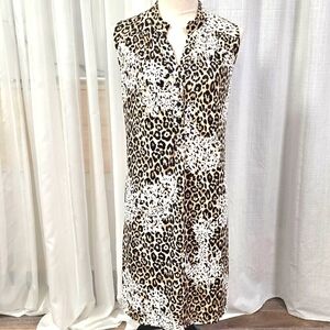 2/$30 Tacera Leopard Print Shift Dress Womens Size M White Overlay Floral Design